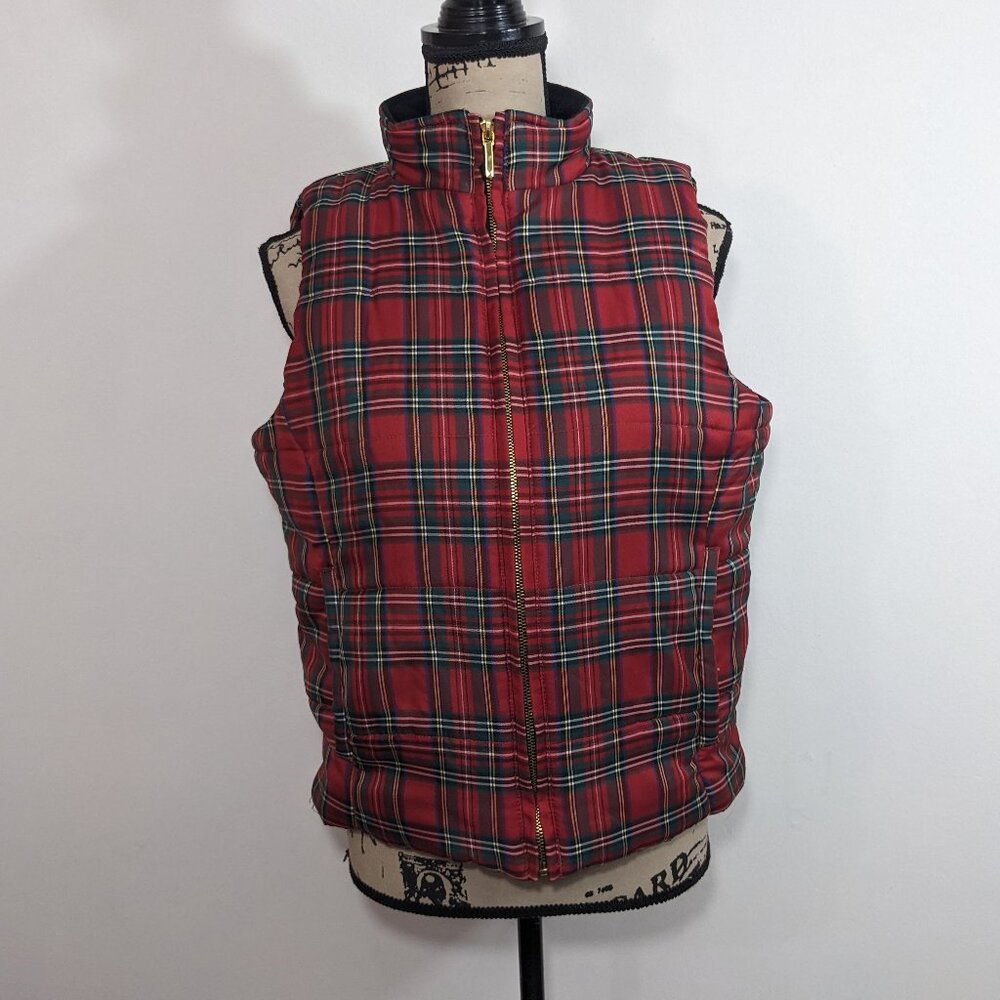 Chaps Plaid Puffer Vest Womens Size PL Petite Red Full Zip Mock Neck